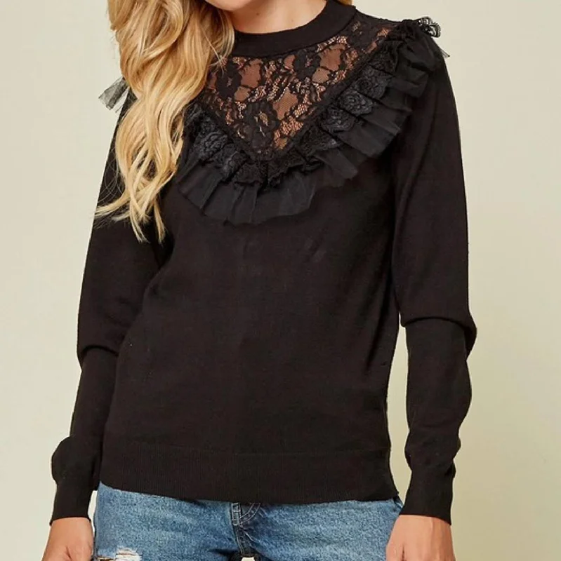 Lace Detail And Ruffle Sweater In Black Cozy Women's Winter
