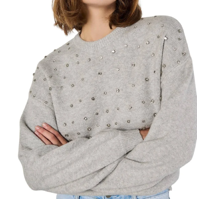 Gem Neckline Sweater In Grey Dapper Women's Bow - adorned