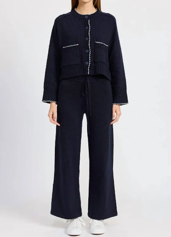 Rochelle Contrast Stitch Cardigan In Navy Ice Blue Casual Women's Japanese 