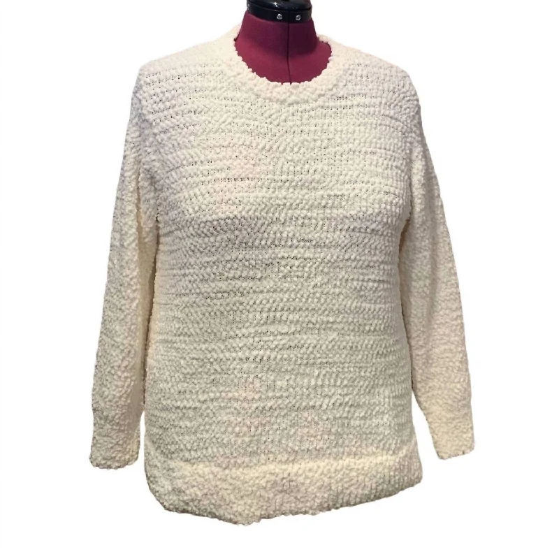 Women's Popcorn Boucle Long Sleeve Fuzzy Crew Neck Sweater In White Monochromatic All - in - one