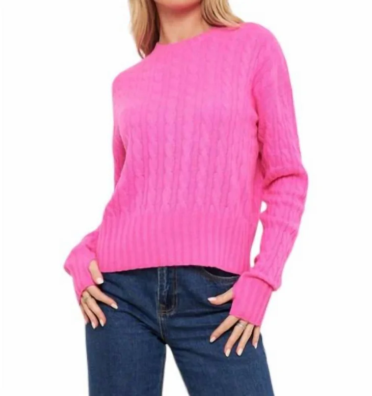 Cable Knit Crew Sweater In Fuschia Casual Women's Loose - fitting