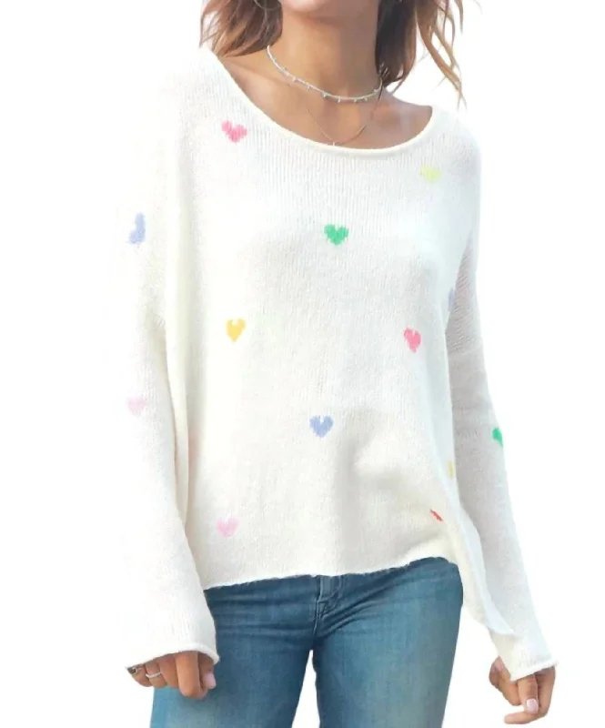 Rainbow Hearts Crew Lightweight Sweater In Pure Snow/multi Laid - back Women's Vibe