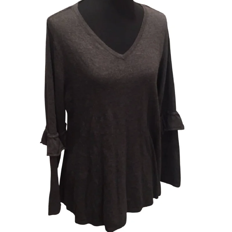 Women's Ruffled Elbow V-Neck Sweater - Plus In Black purpose