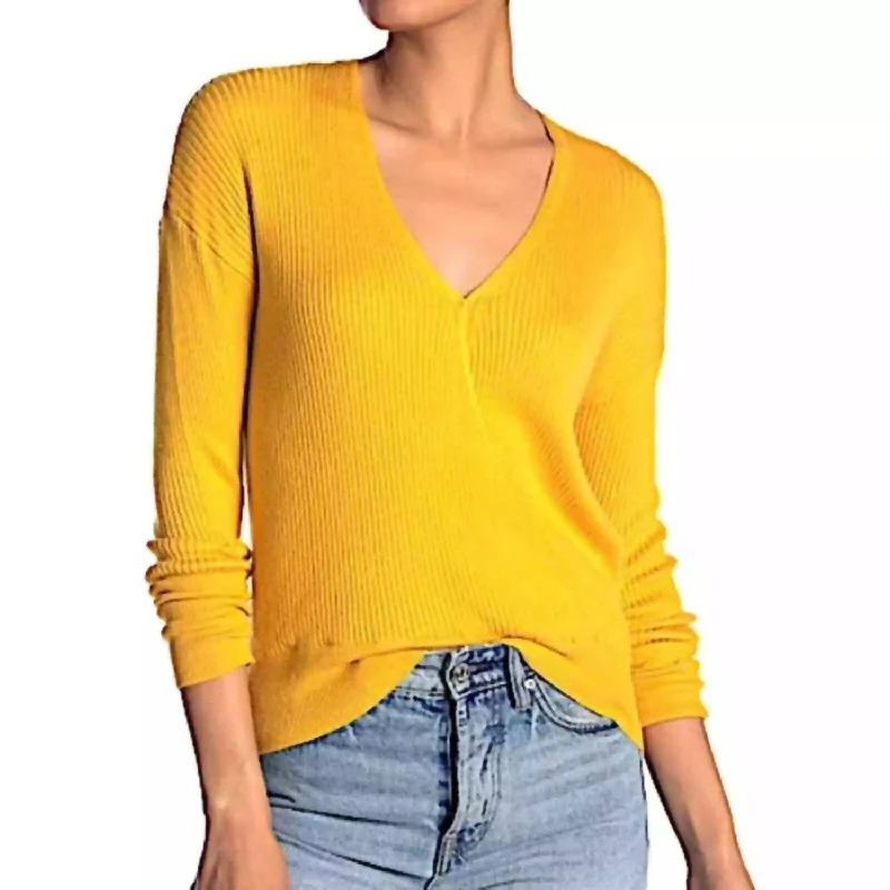 Faux Wrap Ribbed V Neck Knit Surplice Sweater In Yellow Casual Women's Japanese 