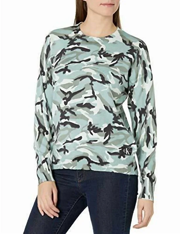Camouflage Crewneck Sweater In Green Sustainable Organic