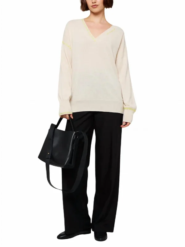 Cross Stitch V-Neck Sweater Top In Antique White Vacation