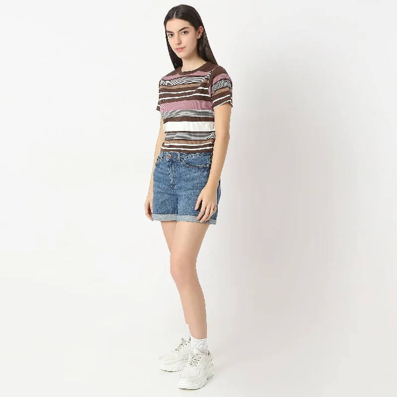 Slim Fit Striped Round Neck Elbow Sleeve Crop T-Shirt Stylish Women's Tropical 