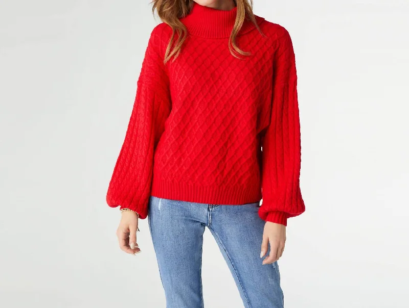 Maren Cable Knit Turtleneck Sweater In Red Artistic Women's Hand - painted