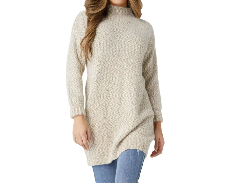 Wiicklow Mock Neck Tunic Sweater In Oatmeal/olive Casual Women's Loose - fitting