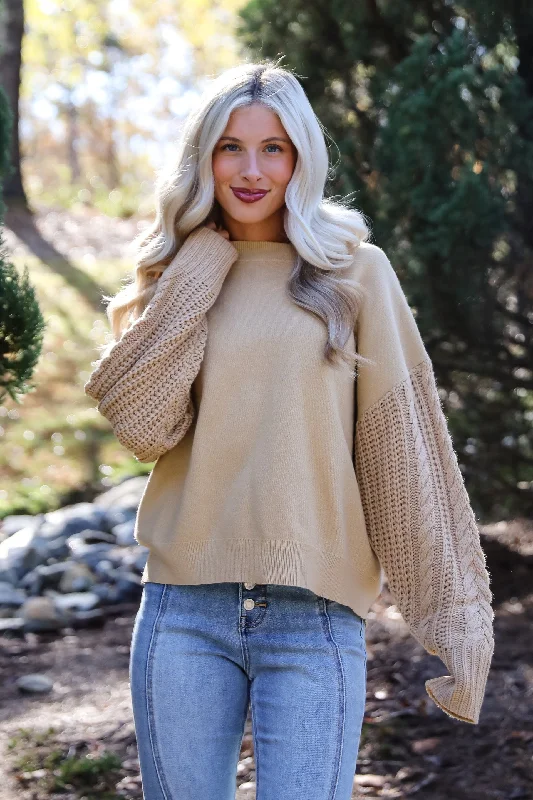 FINAL SALE - Cabin Cues Taupe Cable Knit Sleeve Sweater Stylish Women's Neon