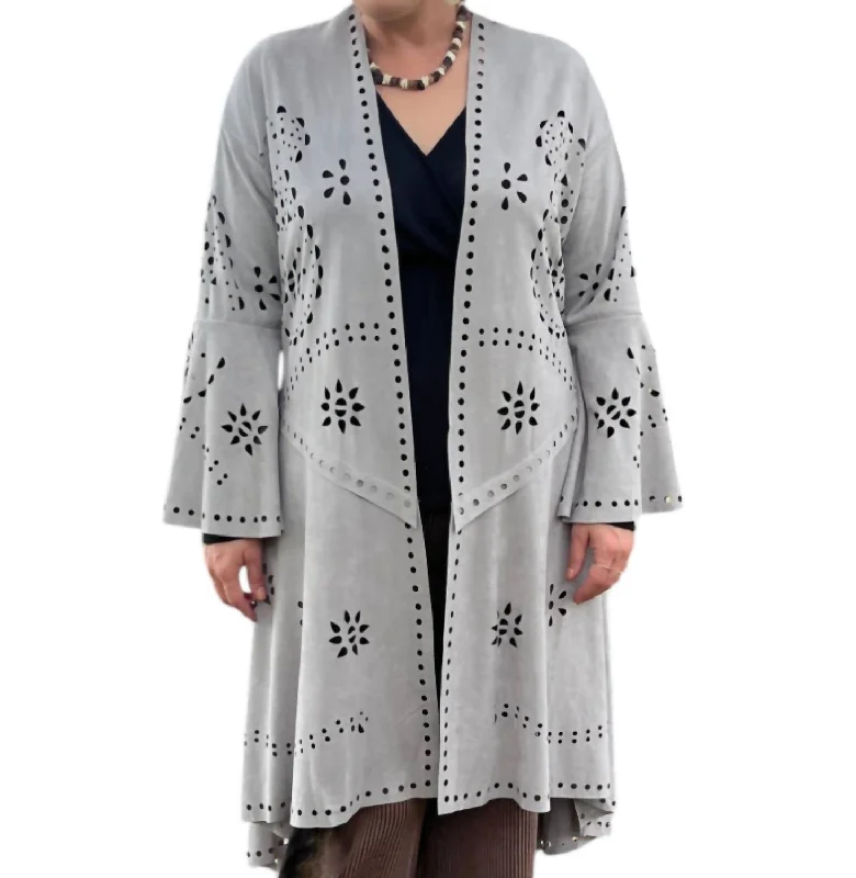 Laser Cut Long Cardigan In Gray Australian Beach