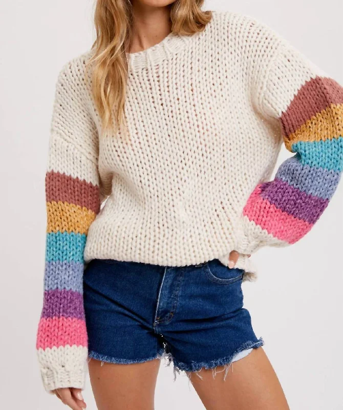 Rainbow Sleeves Pullover Sweater In White Youthful Women's Pop