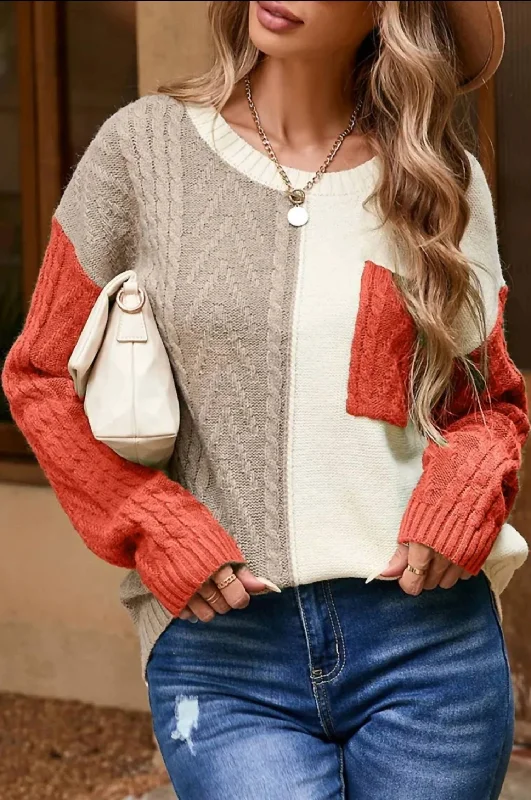 Colorblock Cable Knit Sweater In Gold Flame Youthful Women's Anime - inspired