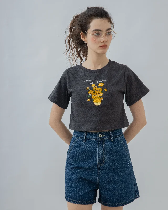 LULU Flower In A Vase Embroidery Crop Tee (Dark Grey) Feminine Women's Style 