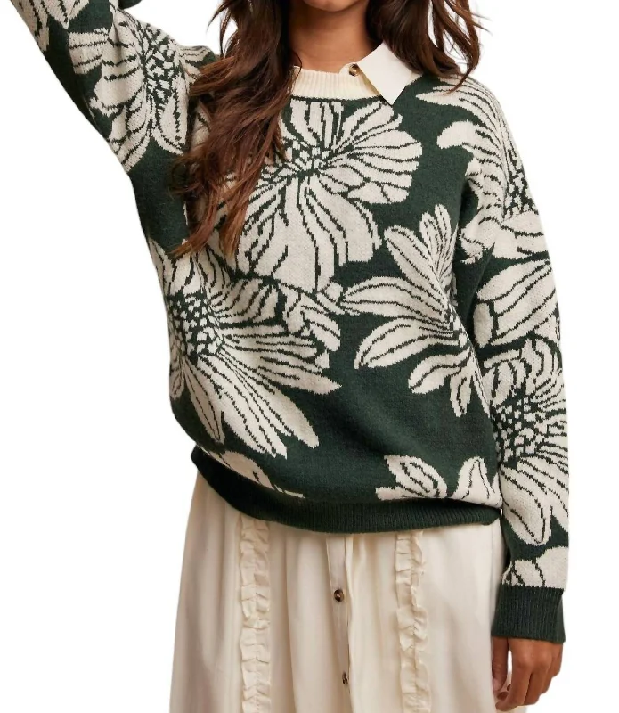 Adele Floral Sweater In Hunter Green Unique Women's Upcycled