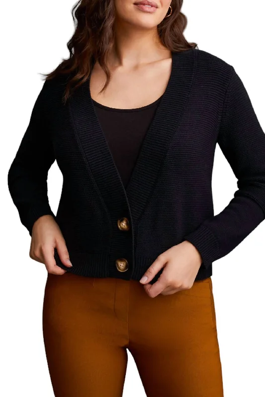 Combed Cotton Two-Button Cardigan In Black Casual Women's Loose - fitting