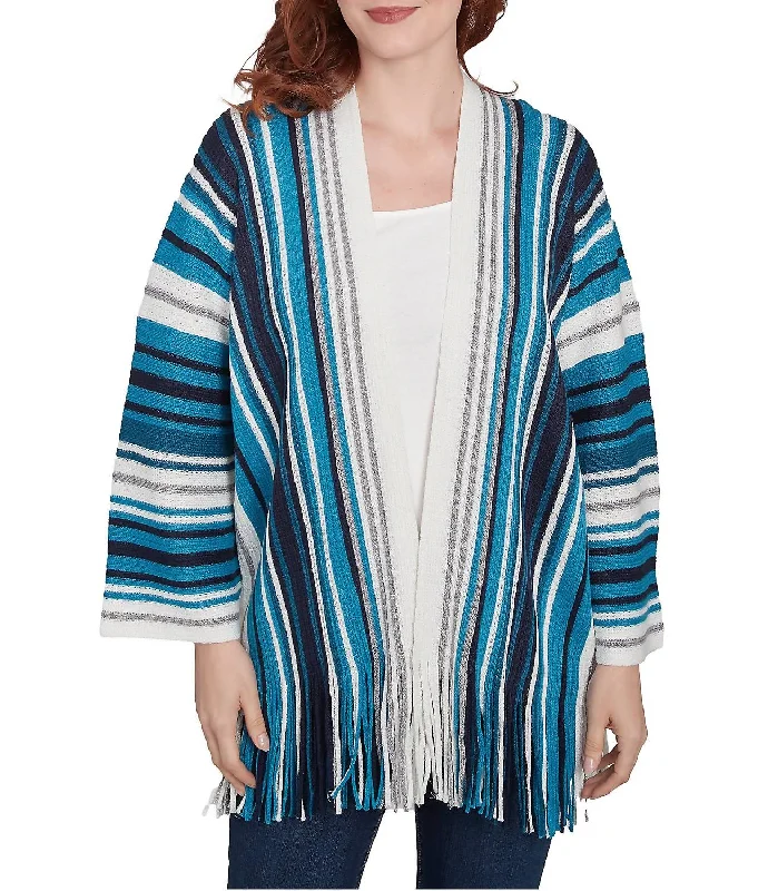 Metallic Striped Long Sleeve Fringed Hem Open-Front Cardigan In Jade Multi Elegant Women's Formal 