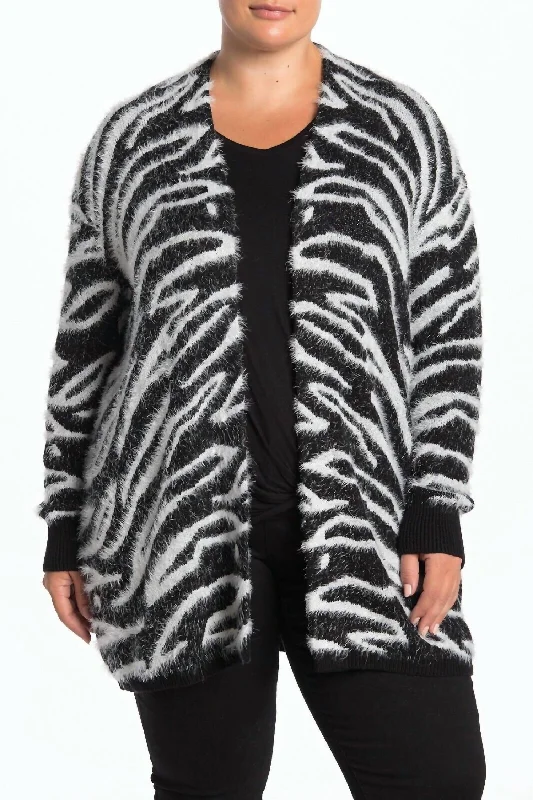 Women's Zebra Print Open Front Eyelash Cardigan In Black-Ivory Hip Women's Retro