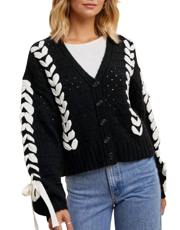Threaded Ribbon Knit Cardigan In Black Relaxed Women's Beachy