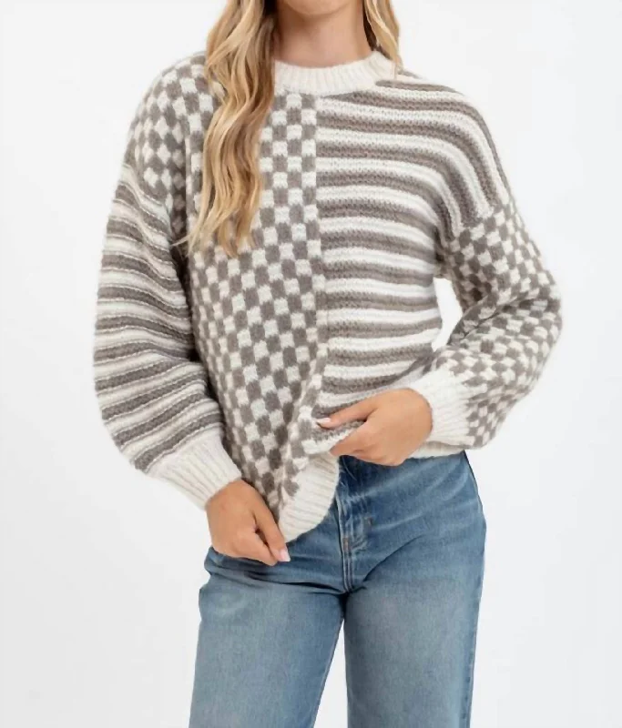 Checker And Stripe Sweater In Olive And Ivory Stylish Women's Tropical 
