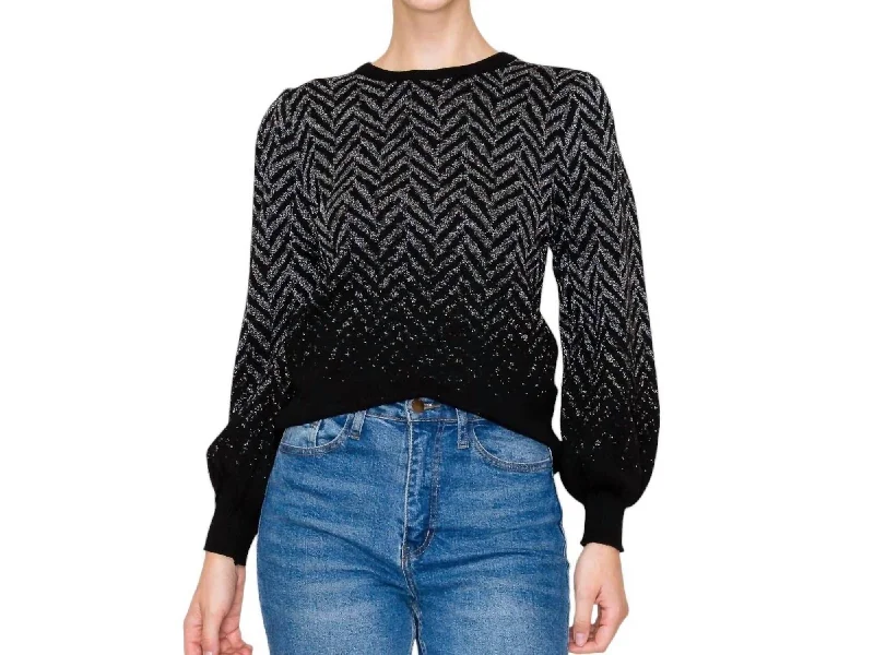 Chevron Pattern Balloon Sleeve Sweater In Black Laid - back Women's Style