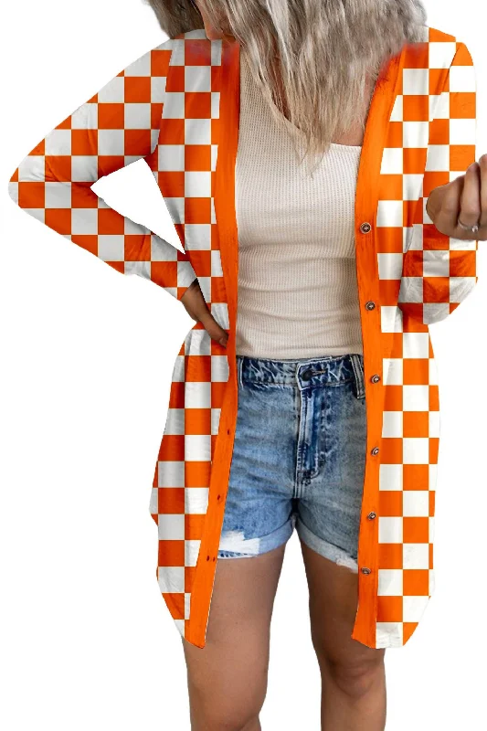 Checkered Button Up Long Cardigan In Tangerine performance