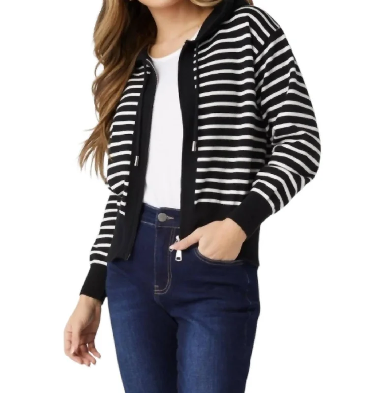 Audree Zip-Up Hooded Sweater In Black Polished Women's Silk