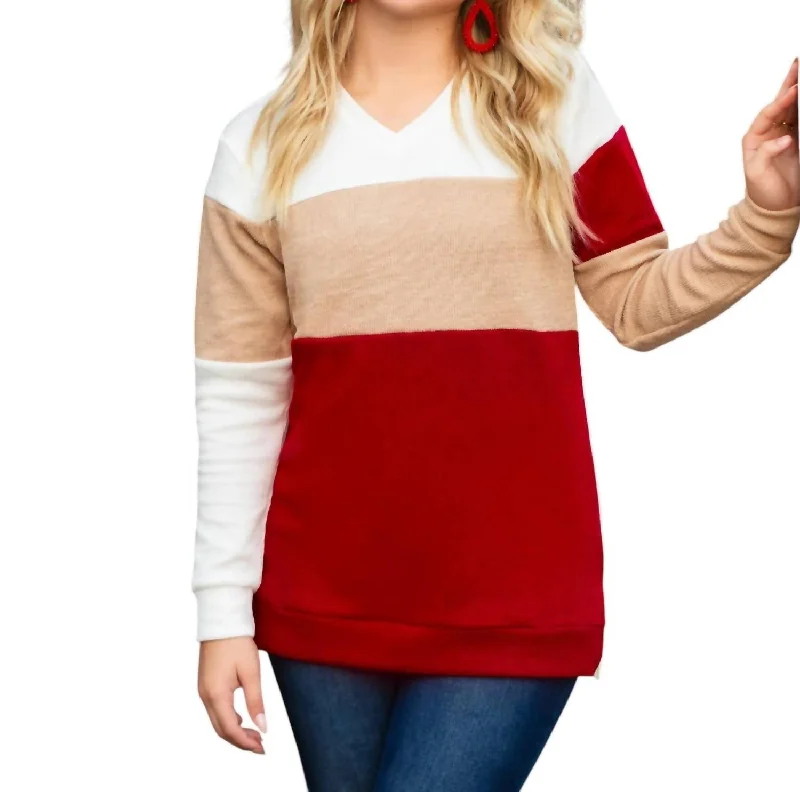 Color Block Sweater In Red/tan/white Laid - back Women's Vibe