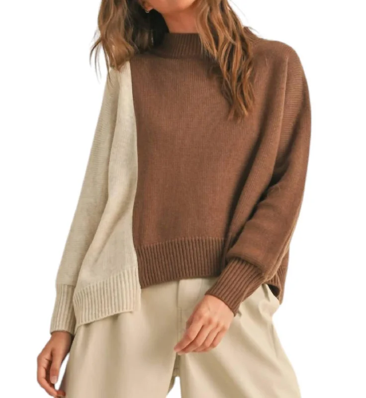 Color Block Long Sleeve Sweater Top In Oatmeal/brown garde
