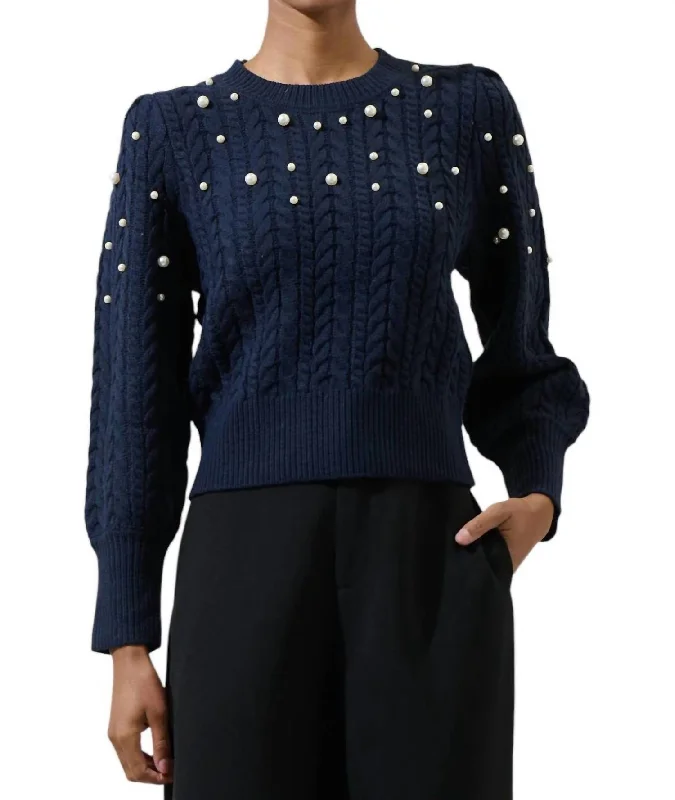 Pearl Top Sweater In Navy Feminine Women's Style 