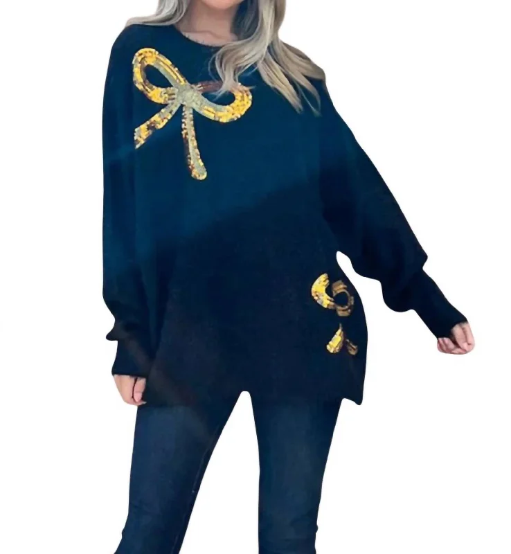 Sequin Bow Fuzzy Pullover Sweater In Navy Dynamic Women's Moto