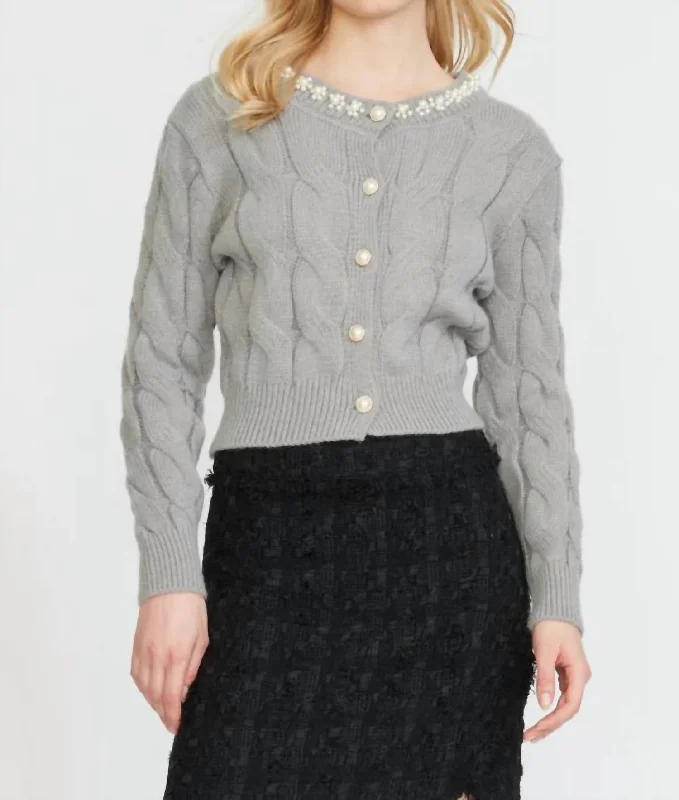 Cable Cardigan With Pearl Trim In Silver Earthy Women's 
