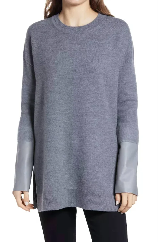Leather Cuff Mid Length Side Slits Wool Sweater In Gray Cashmere