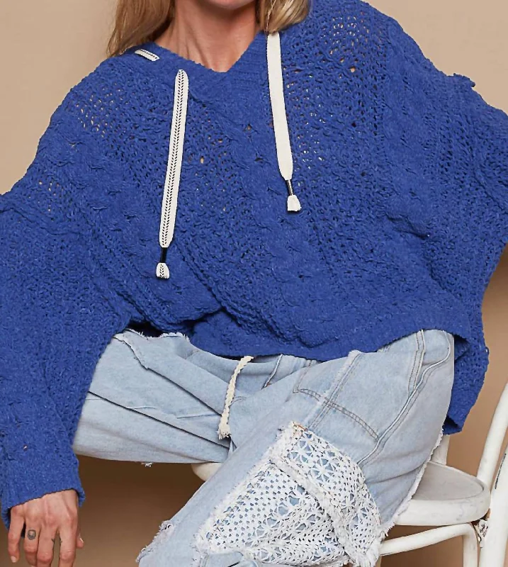 Cable Knit Hoodie Chenille Top In Ultramarine Unique Women's Upcycled