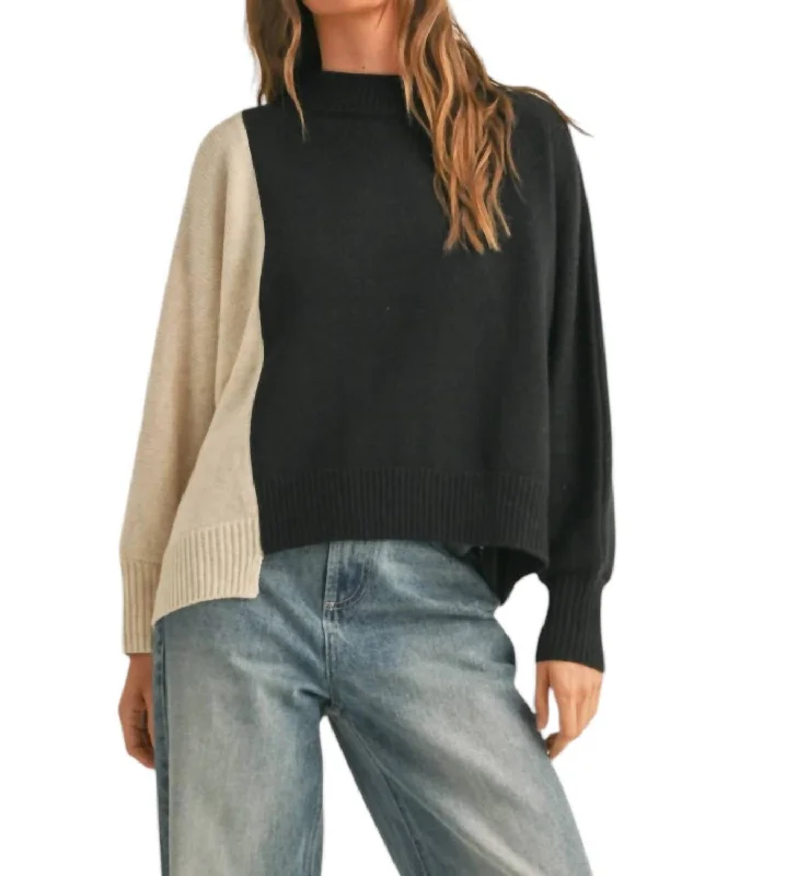 Color Block Long Sleeve Sweater Top In Oatmeal/black Hip Women's Urban