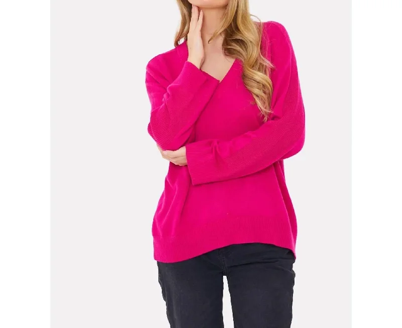 Saddle Shoulder Rib V Neck Sweater In Fuschia Sophisticated Women's Tailored