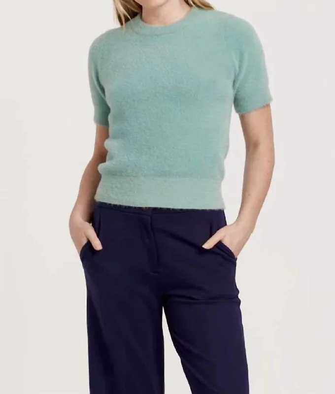 Suzie Fuzzy Short Sleeve Sweater Top In Herbal Blue Cool Women's Distressed