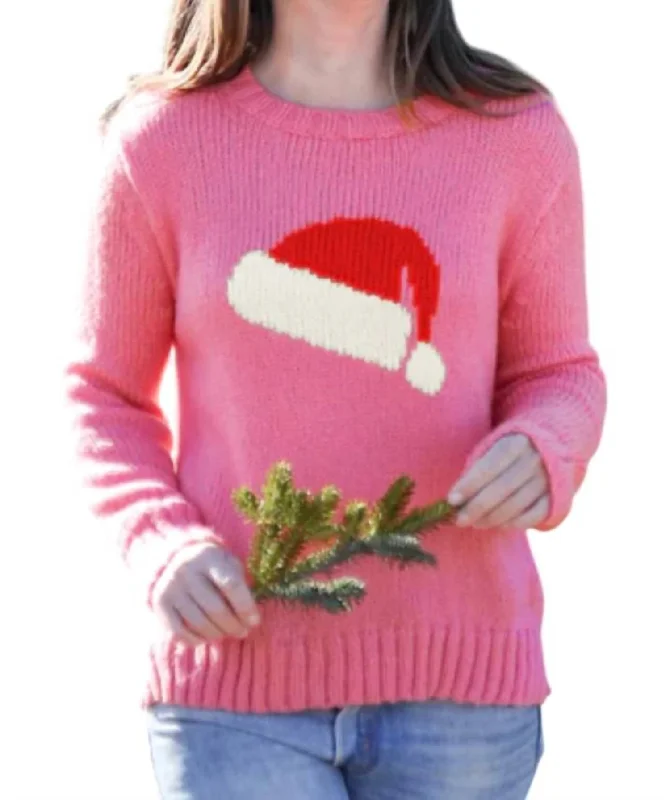 Santa Hat Crew Sweater In Cherry Pastile Cashmere
