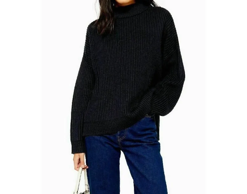 Oversize Rib Knit Mock Neck Pullover Sweater In Black European