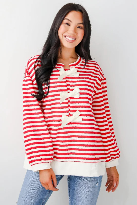 Unbelievably Lovely Red Striped Bow Knit Top Confident Women's High - fashion