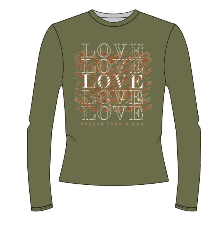 14211006  LOVE Print Top - Khaki Sleek Women's 