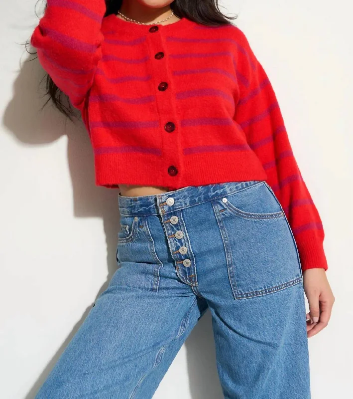 Fiona Cardigan In Red Cozy Women's Sherpa - lined