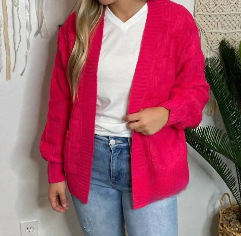Fluffy Checker Cardigan In Hot Pink Cashmere