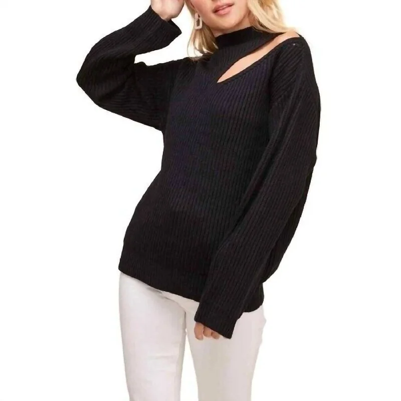 Neck Cutout Ribbed Knit Mock Neck Sweater In Black Trendy Women's 