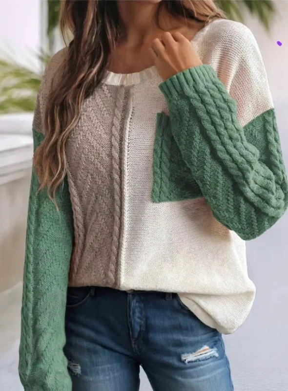 Colorblock Cable Knit Sweater In Vineyard Green Sleek Women's 