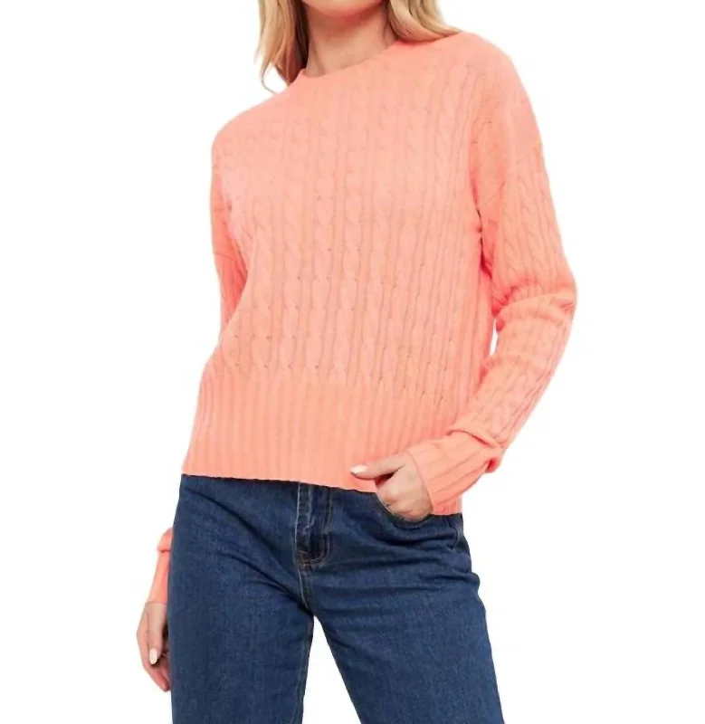 Cathy Cashmere Cable Knit Top In Neon Coral Feminine Women's Soft 