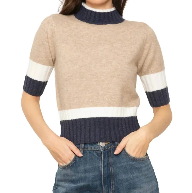 Millie Quarter Sleeve Turtleneck Top In Oatmeal Combo Modern Women's 