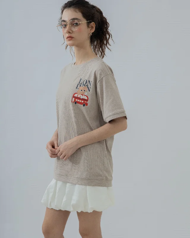 LULU On London Buss Embroidery Graphic Tee (Khaki Grey) Unique Women's Upcycled