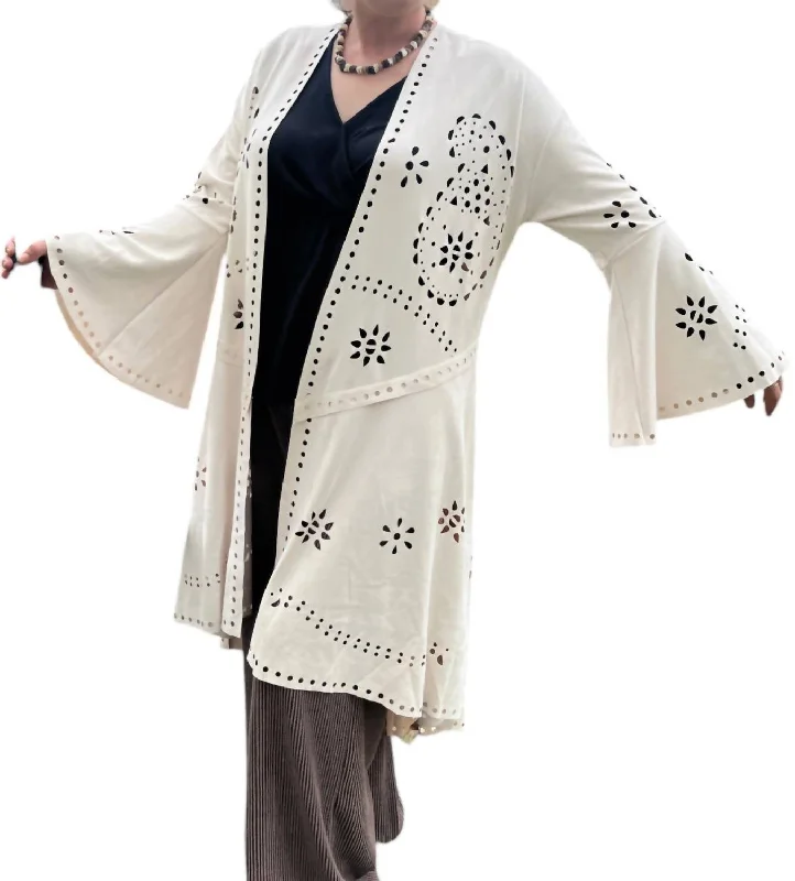 Laser Cut Long Cardigan In Ivory Classic Women's Tweed