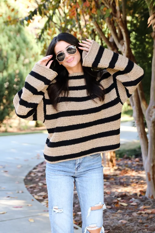 FINAL SALE - Cozy Warmth Taupe Striped Sweater Classic Women's Pin - striped